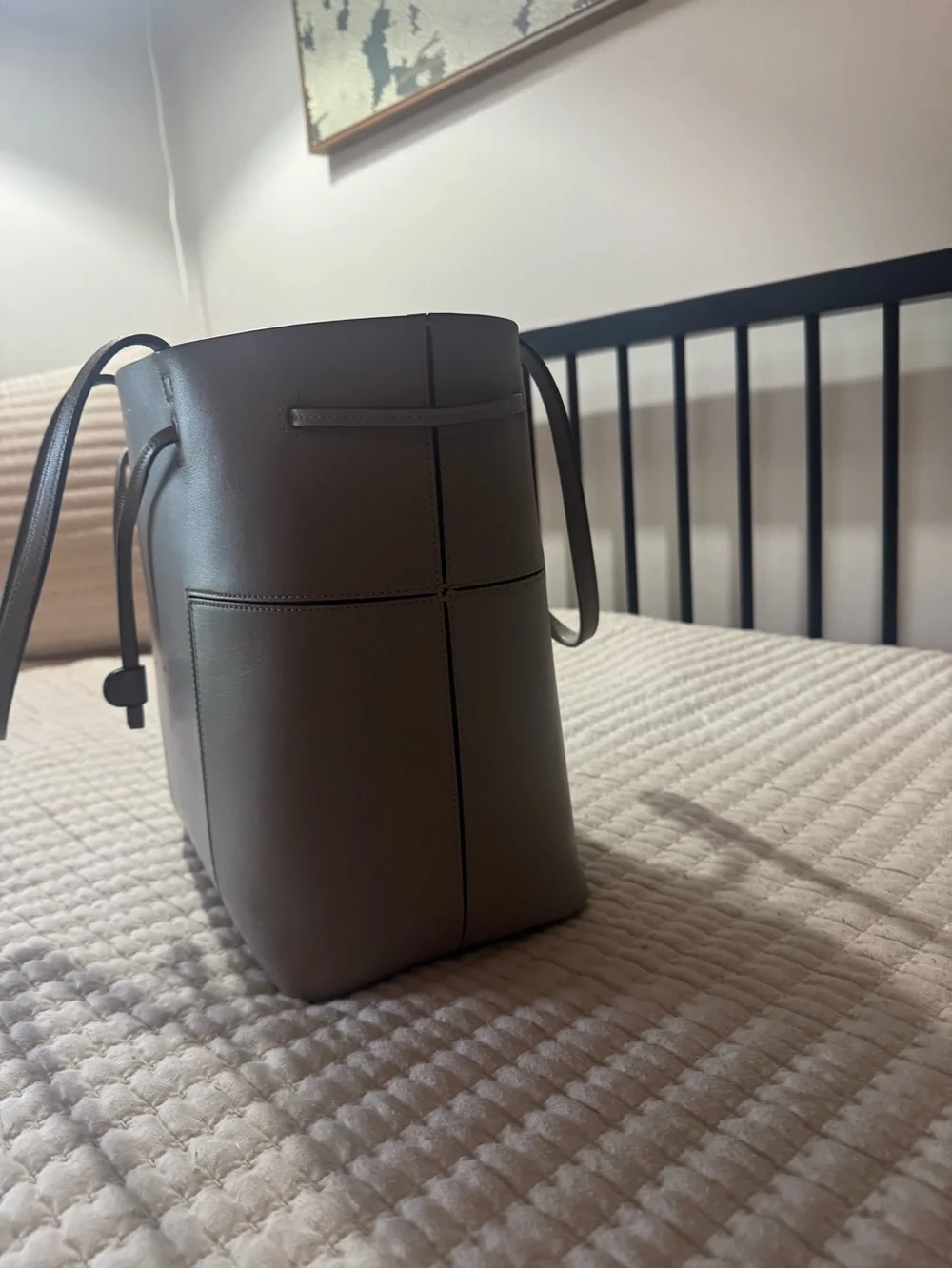 Tory Burch Taupe Leather Tote with Drawcord Detail